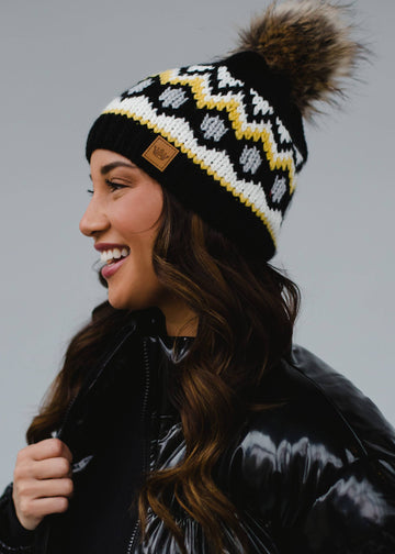 Black, White & Mustard Patterned Pom Hat