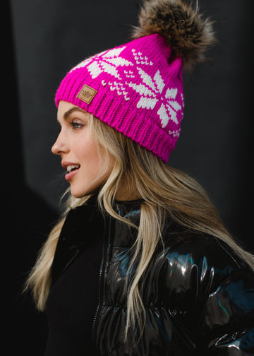 Pink & White Snowflake Pom Hat