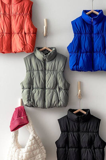 HIGH NECK ZIP UP PUFFER CROP VEST