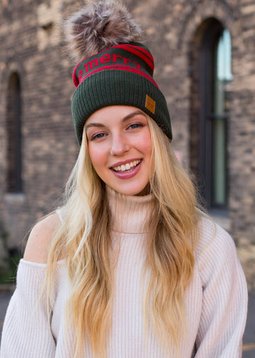 Olive & Red Be Merry Pom Hat