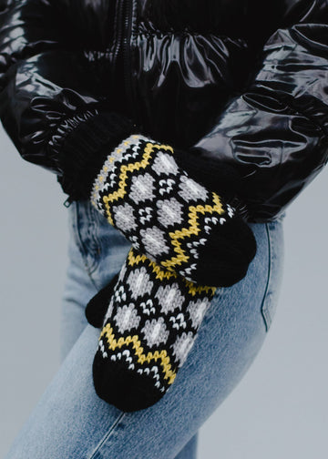 Black, Mustard & White Patterned Mittens