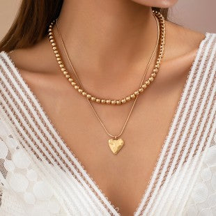 Double Layer Ball Chain Heart Charm Necklace