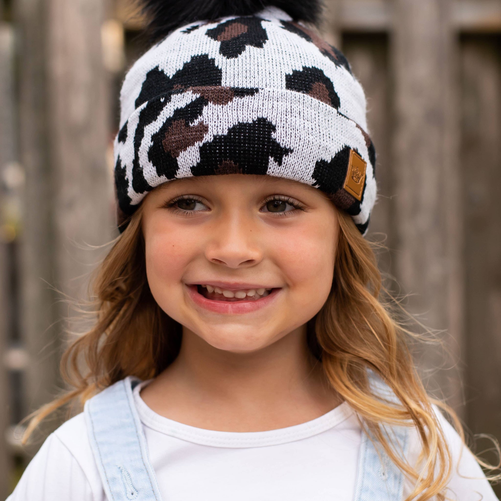 KIDS White Leopard Pom Hat