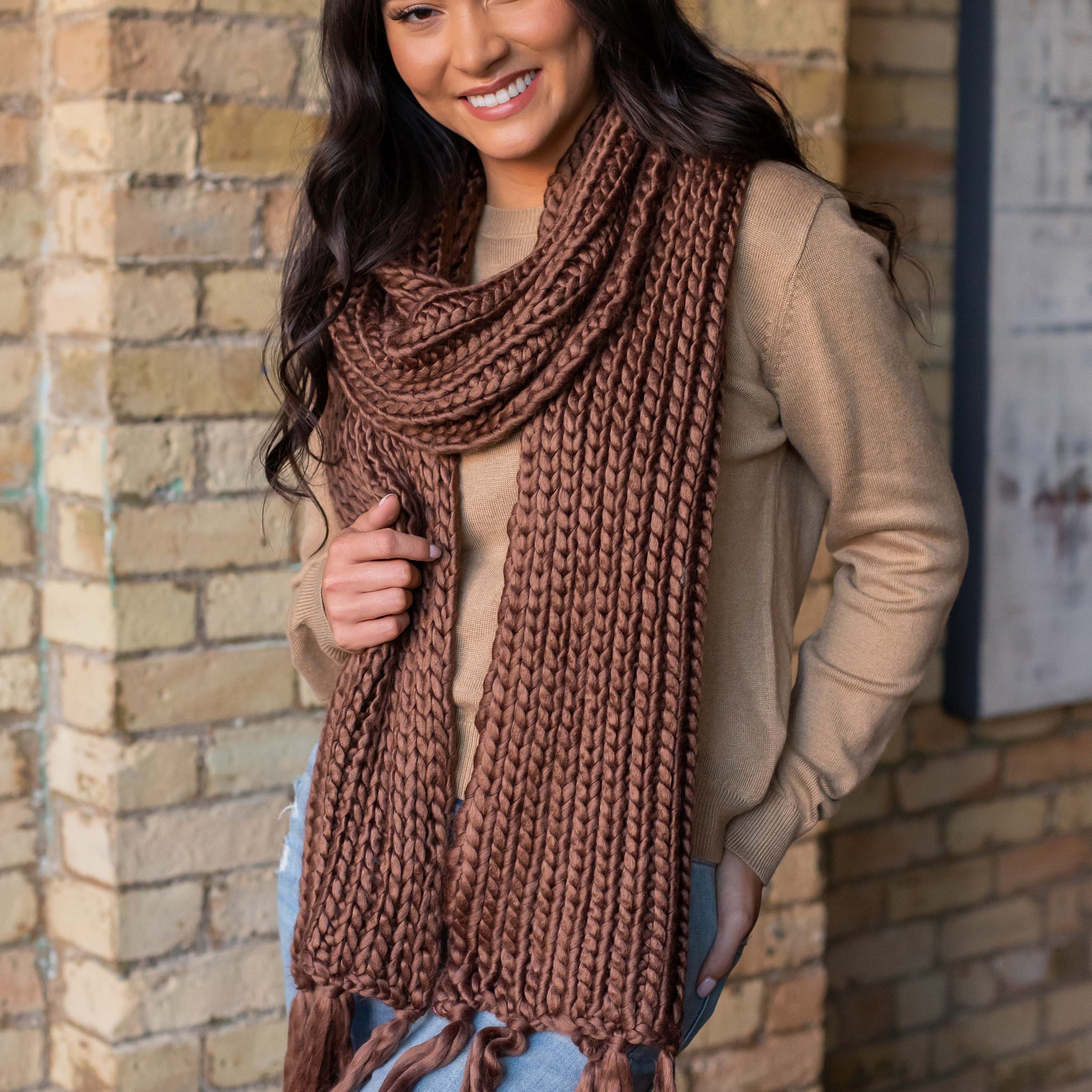 Brown Long Scarf With Fringe