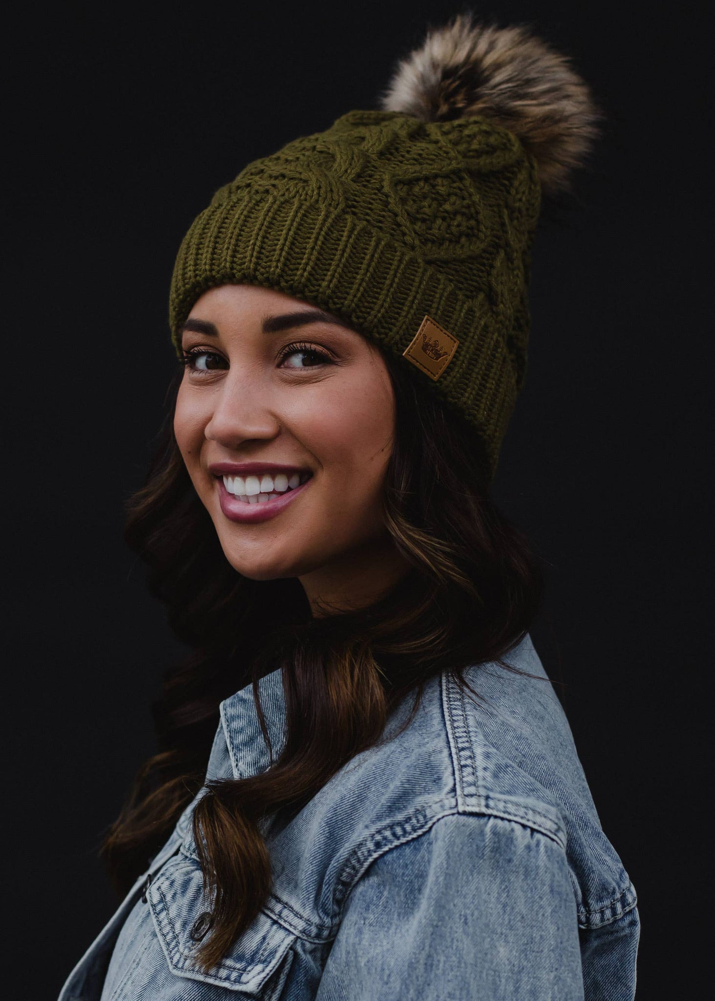Muted Olive Cable Knit Pom Hat